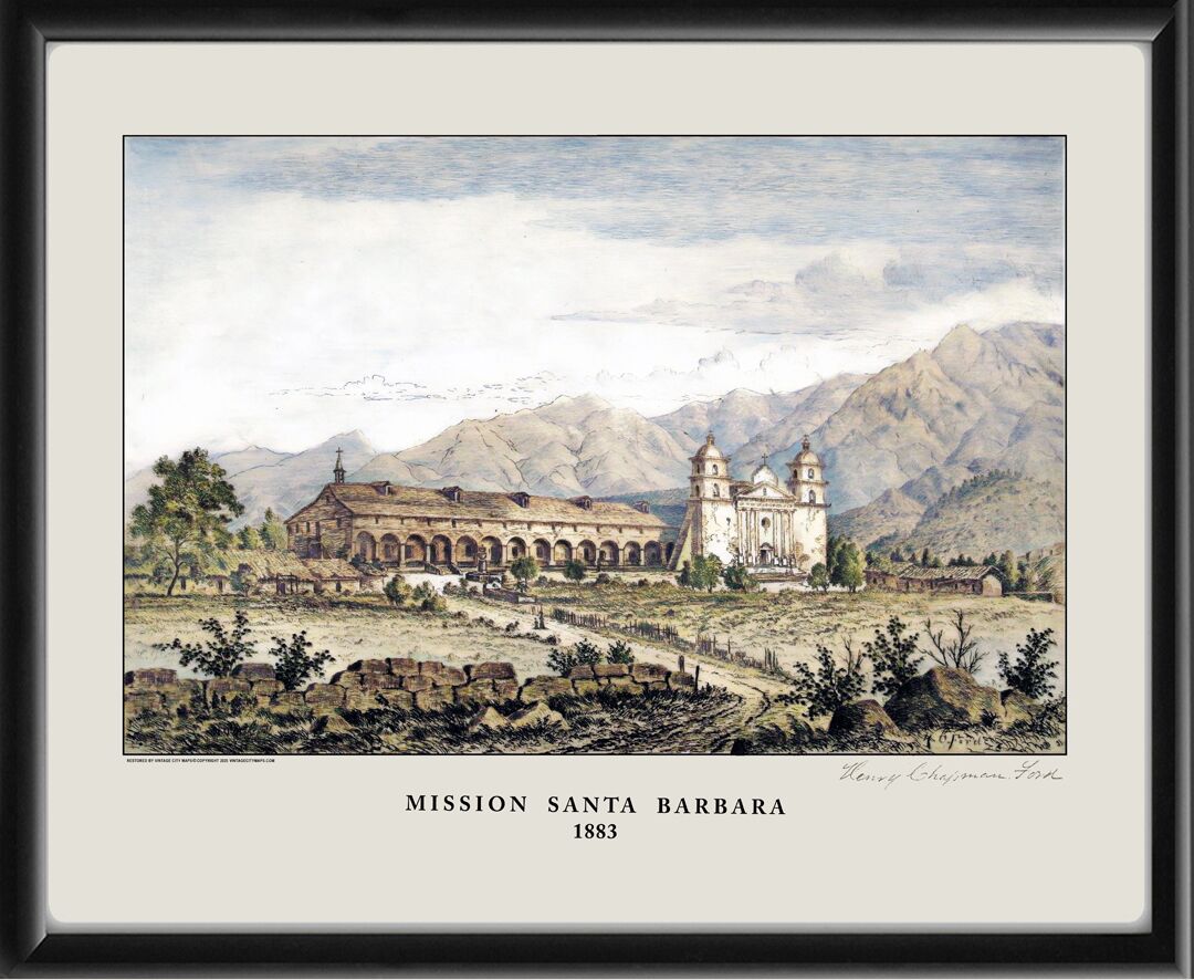 Restored bird's eye view of Mission Santa Barbara, Santa Barbara, California, 1883 by Henry Chapman Ford.