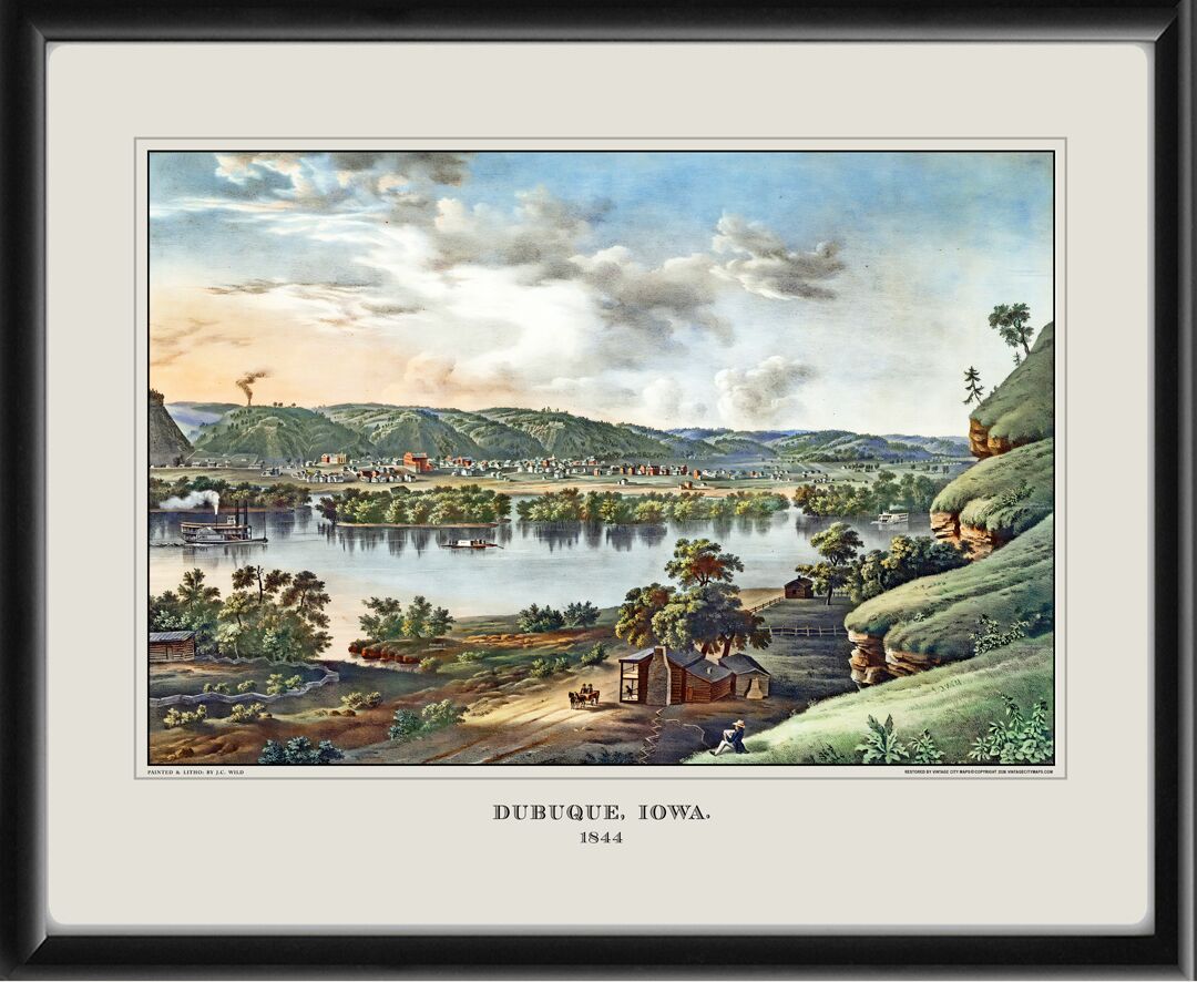 Restored bird's eye view of Dubuque, Iowa, 1844 by John Caspar Wild, viewed from East Dubuque across the Ohio River.