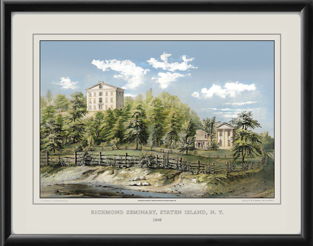 Restored bird's eye view of Richmond Seminary on Staten Island, New York, 1848