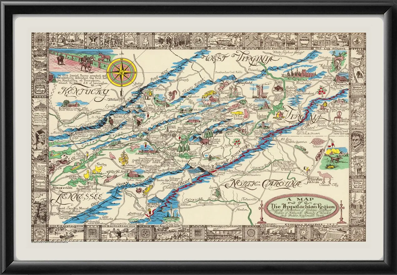 A Map of the Appalachian Region by Clarence Baker Kearfott, 1950. pictorial map depicting the Appalachian region, including parts of Kentucky, West Virginia, Virginia, Tennessee, and North Carolina.