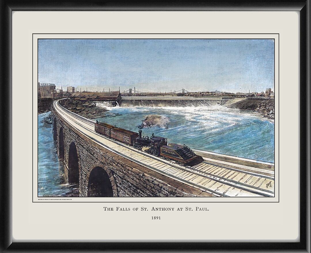 St. Anthony MN 1891 View of the Falls of St Anthony and the Stone Arch Bridge-1891 Northern Pacific Railroad Richard Lovett built in 1883