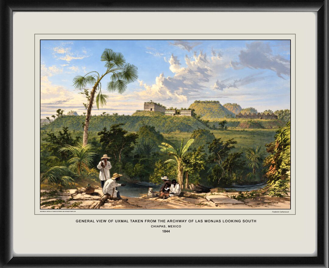 General view of Uxmal, Chiapas, Mexico, taken from the archway of Las Monjas looking south 1844 Frederick Catherwood