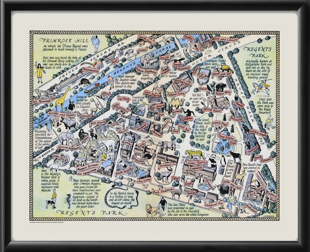 London Zoo 1947 J. P. Sayer Map of The Zoological Society's Gardens in Regents Park
