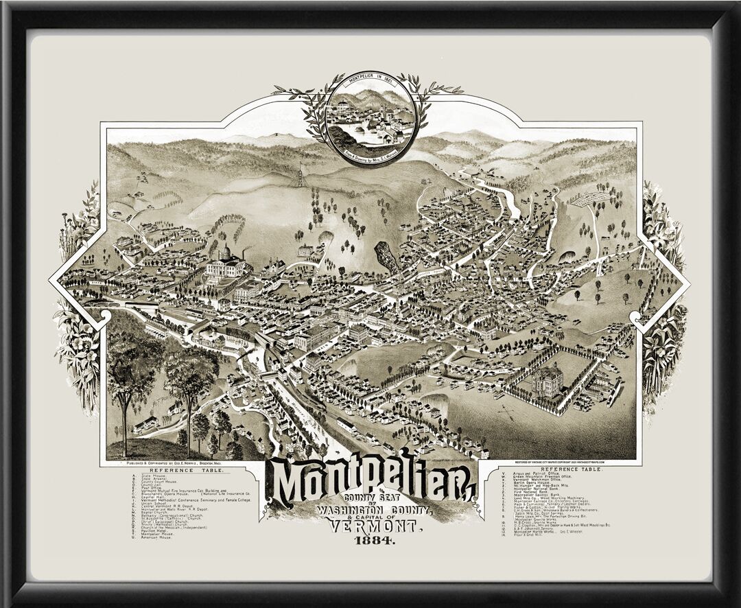 Montpelier VT 1884 Birds Eye View Map