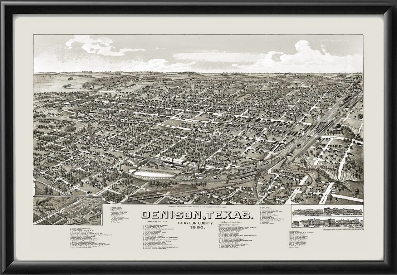 Denison TX 1886 Norris Wellge TM Birds Eye View Map