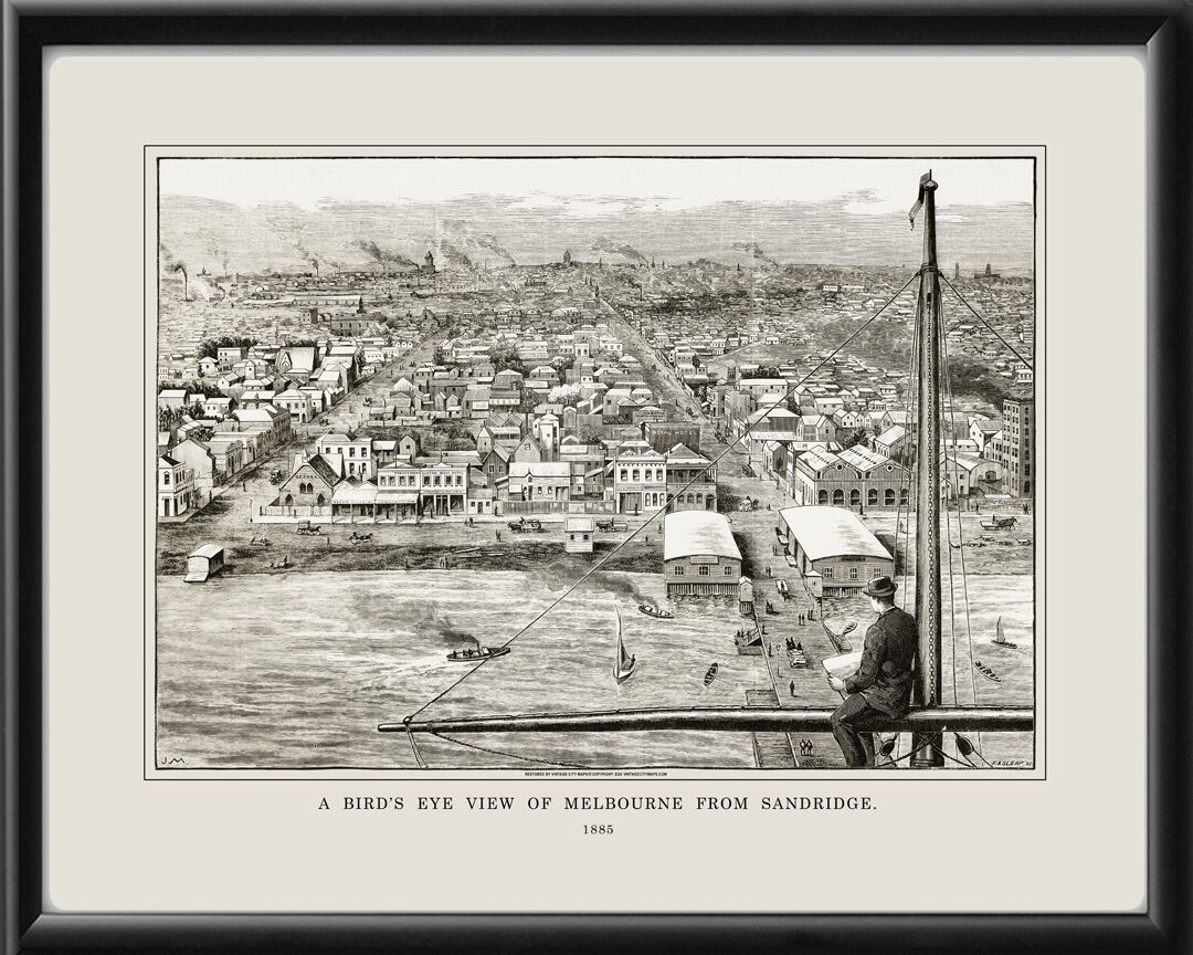Melbourne Australia 1885 Birds Eye View Map