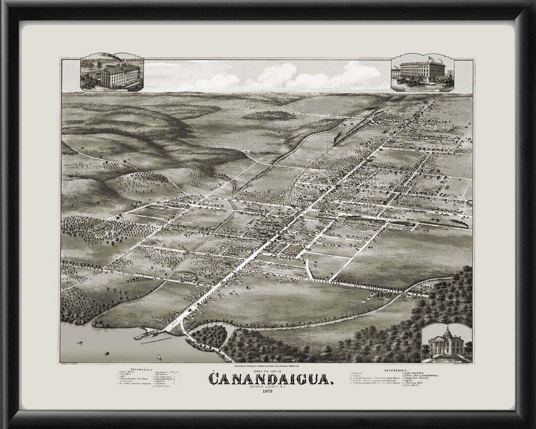 Canandaigua NY Restored Birds Eye View Map