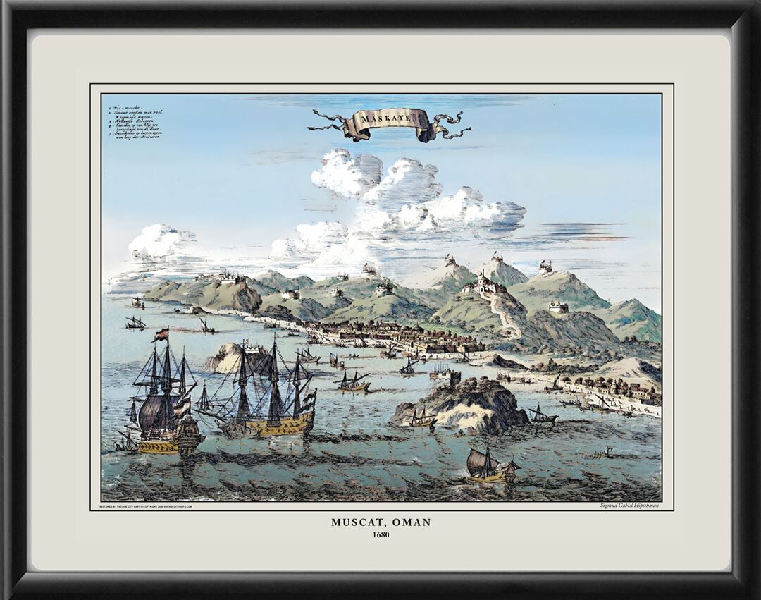 Restored bird's eye view of Muscat, Oman, 1680, from the original engraving by Sigmund Gabriël Hipschman