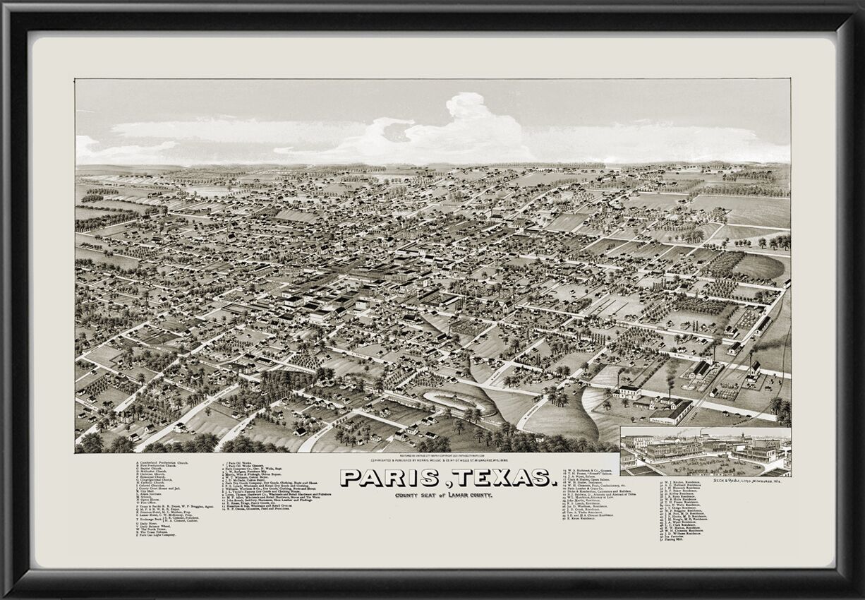 Paris TX 1885 Birds Eye View Map