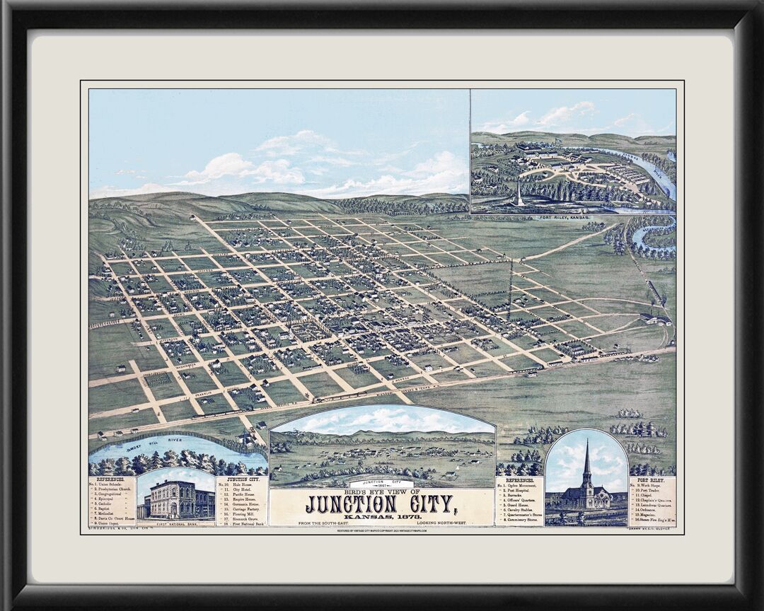 Junction City KS 1873 & Ft. Riley ESGlover TM Bird's Eye View Map