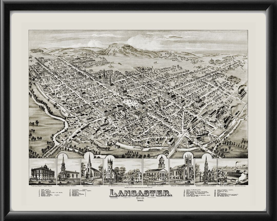 Lancaster OH 1885 Birds Eye View Map