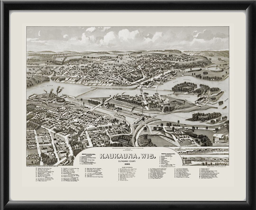 Kaukauna WI 1886 Bird's Eye View Map