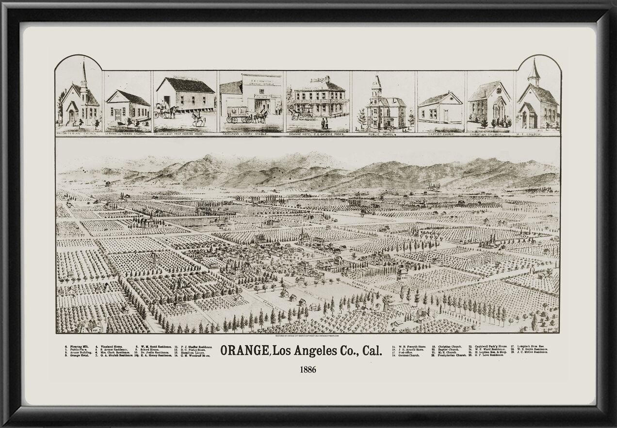 Orange CA 1886 WWElliottTMBird's Eye View Map