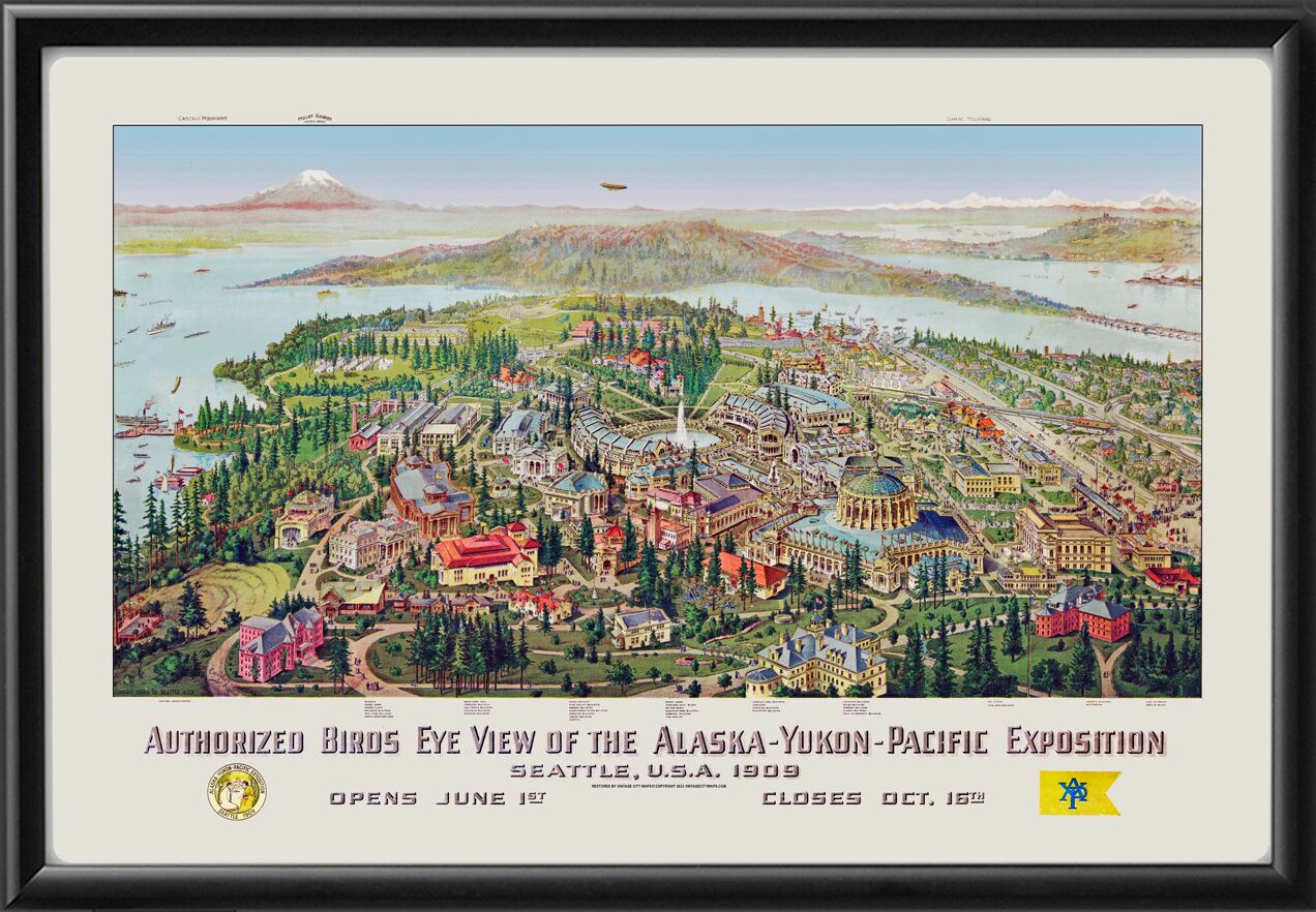 Seattle WA 1909 Restored bird’s eye view of the Alaska-Yukon-Pacific Exposition, Seattle, Washington, 1909 by Rollin Caughey TM Birds Eye View Map