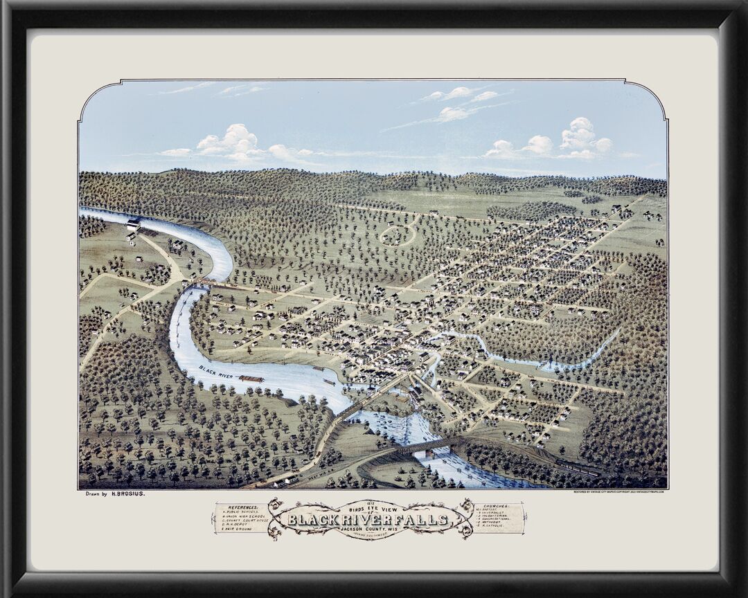Black River Falls WI 1872 Herman Brosius TM Birds Eye View Map