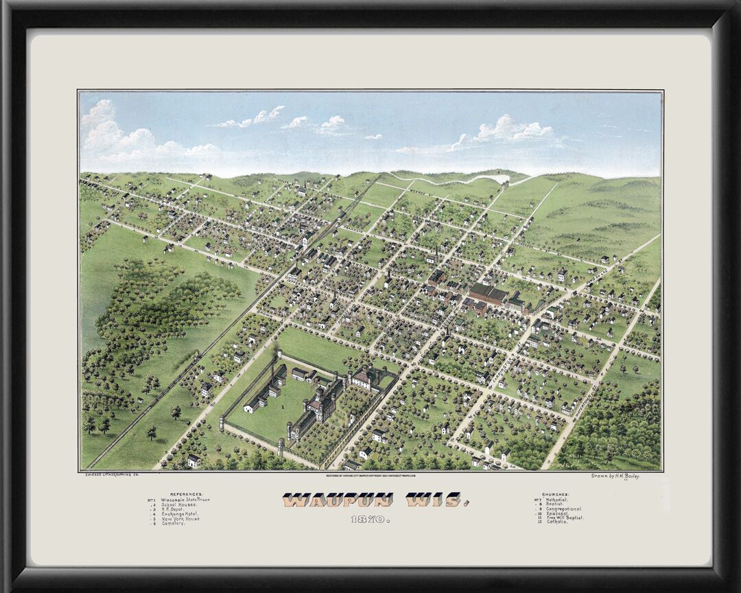 Waupun WI 1870 HH Bailey TM Bird's Eye View Map