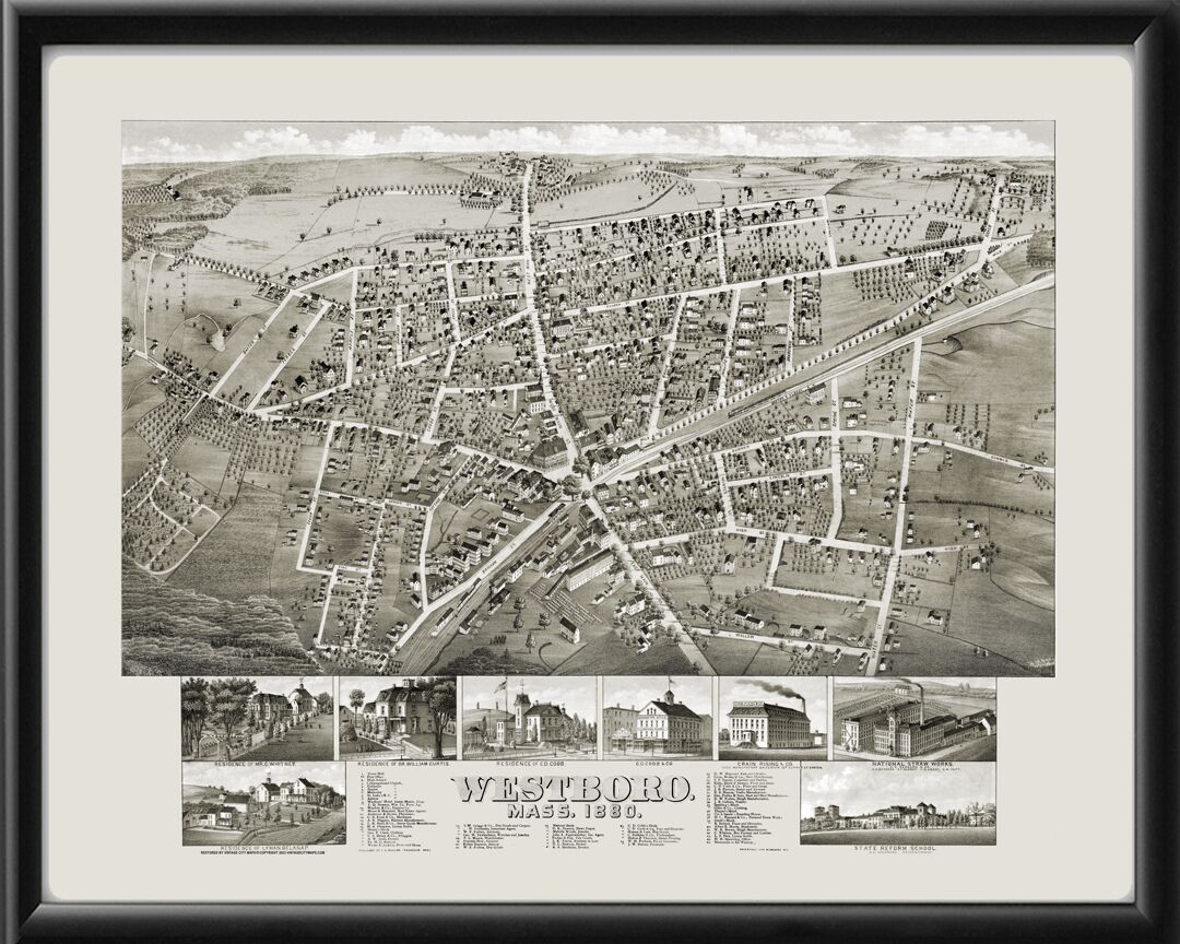 Westboro MA 1880 E.H. Bigelow TM Bird's Eye View Map