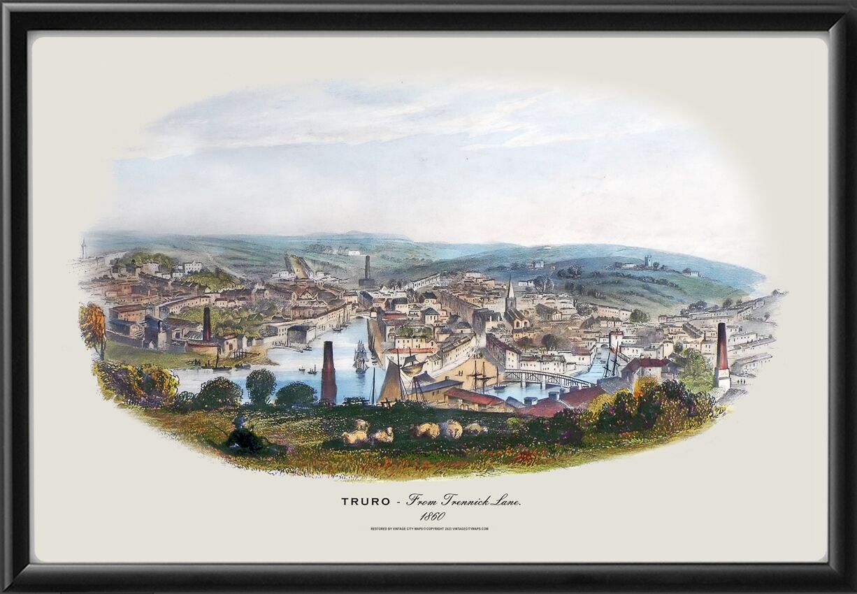 Truro England from Trennick Lane 1860 George Townsend TM 16x24 Birds Eye View Map