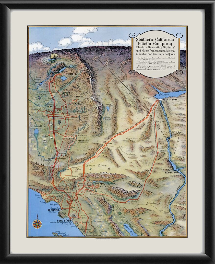Southern California Edison Company. Electric Generating Stations and Major Transmission System in Central and Southern California 1847 Claude G. Putnam TM Birds Eye View Map