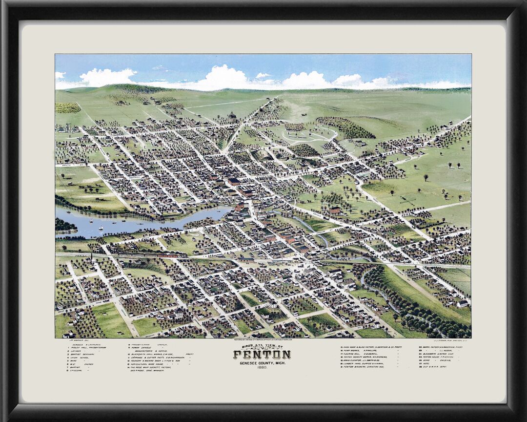 Fenton MI 1880 Birds Eye View Map