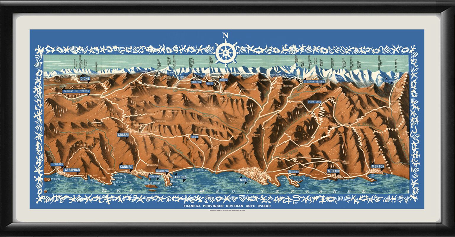 French Riviera - Cote D'Azur 1927 E. Lancaster tm Birds Eye View Map