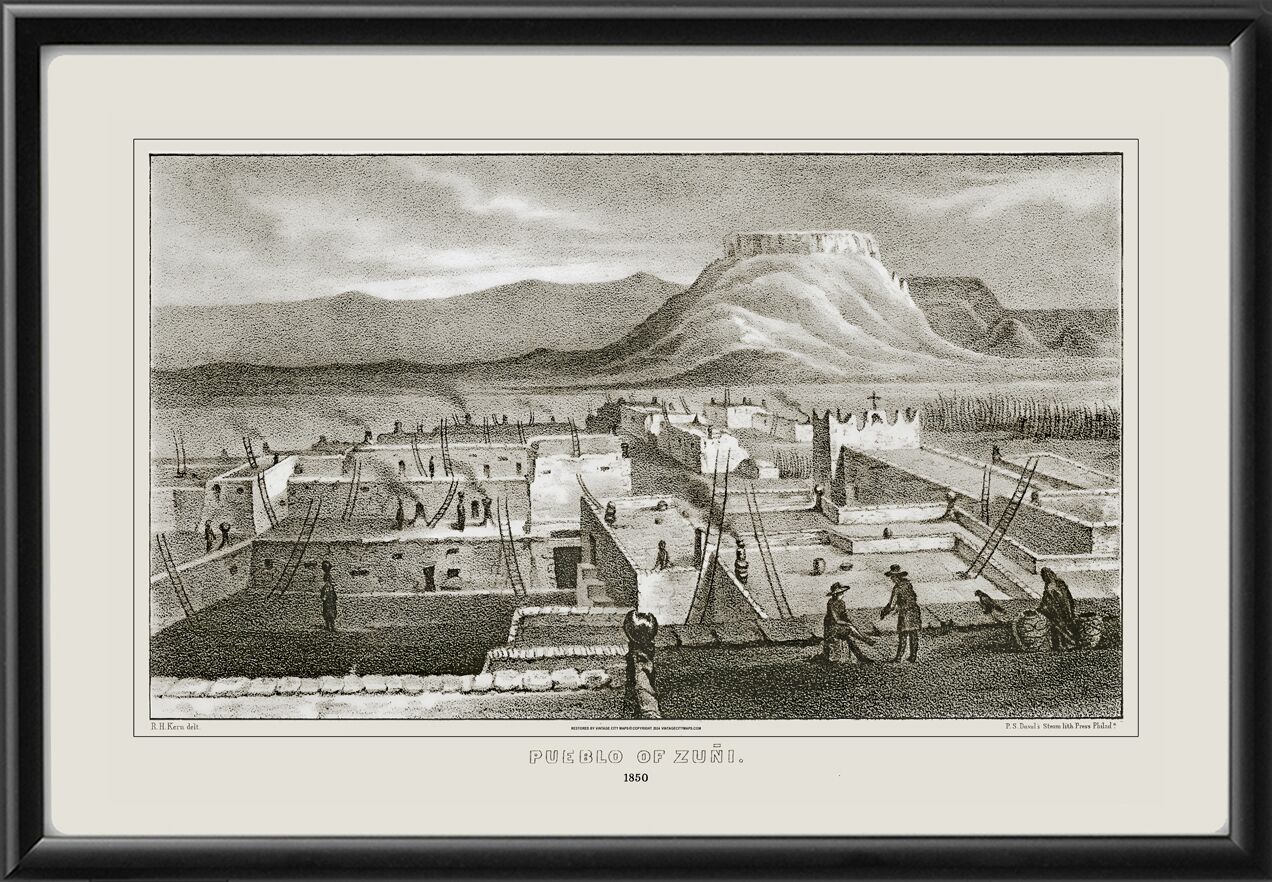 Zuni Pueblo in McKinley County, New Mexico 1850 Birds Eye View Map