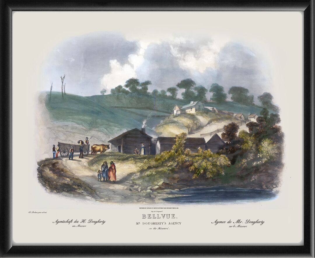 Bellvue NE 1833 Karl Bodmer. Major John Dougherty's trading post near present-day Omaha, on the Missouri River