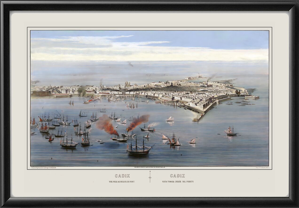Cadiz Spain 1860 A. Guesdon TM Birds Eye View Map