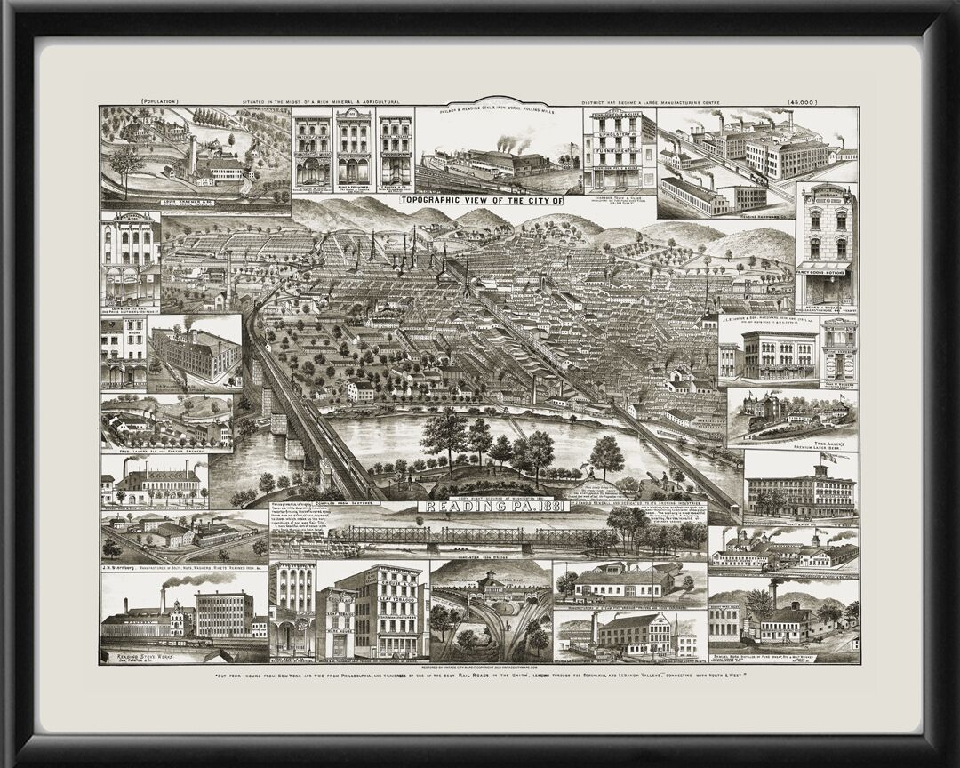 Reading PA 1881 J. Harold KendallTM Birds Eye View Map