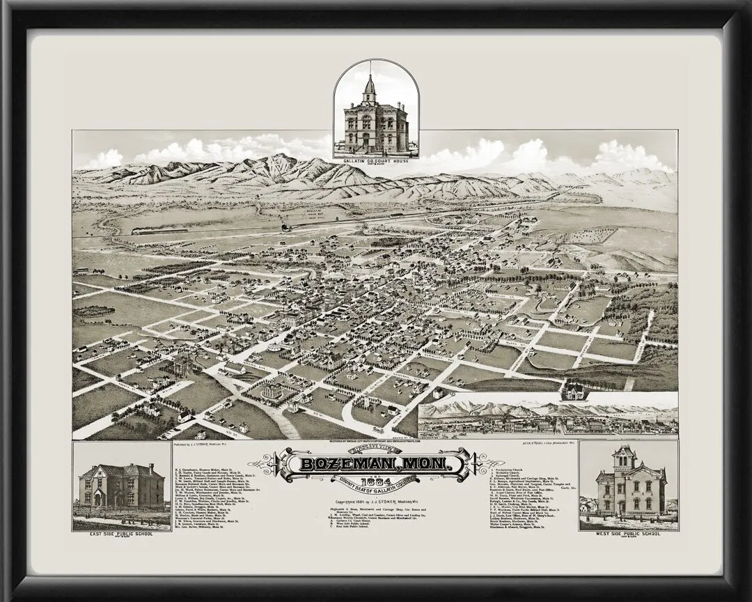 Bozeman MT 1884 Birds Eye View Map