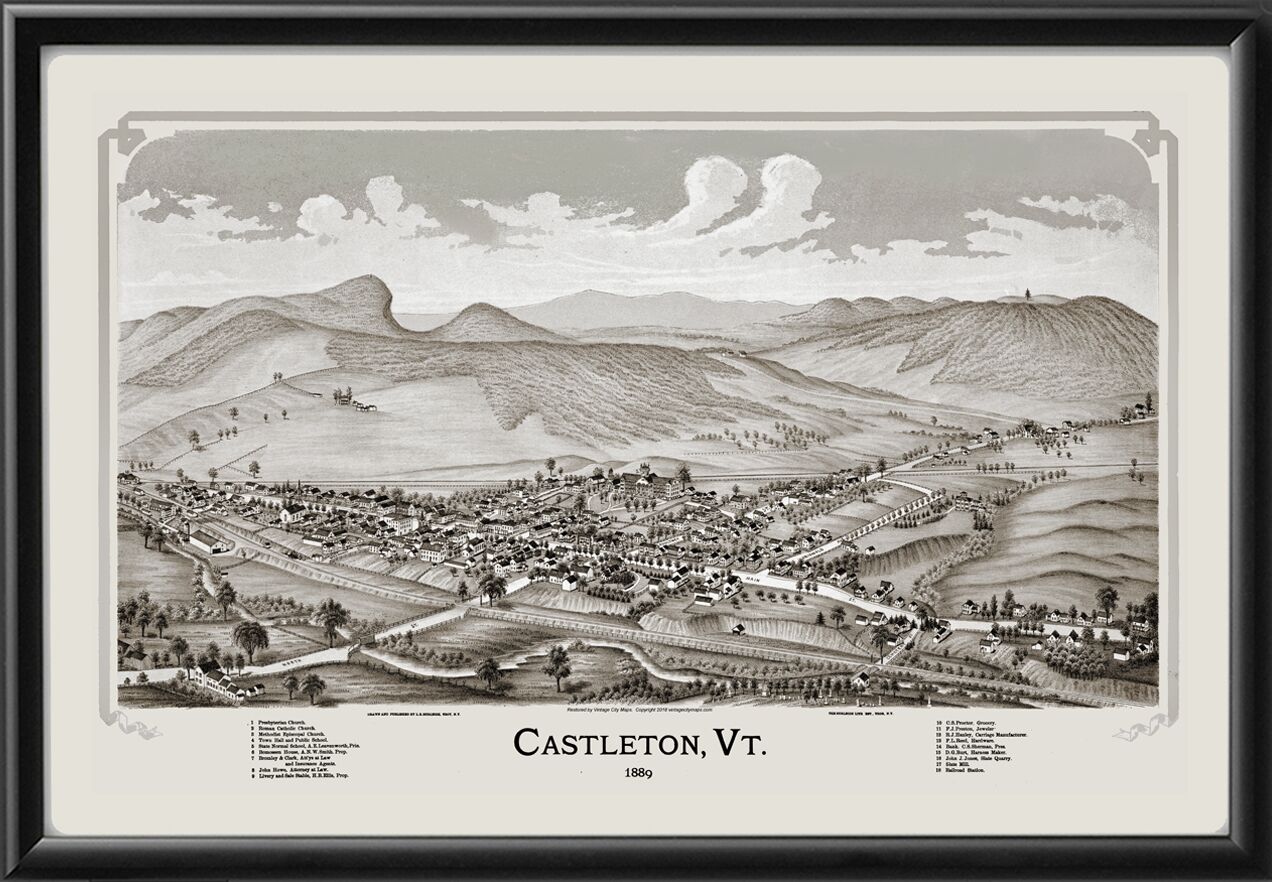 Castleton VT 1889 Lucien R. Burleigh TM Birds Eye View Map