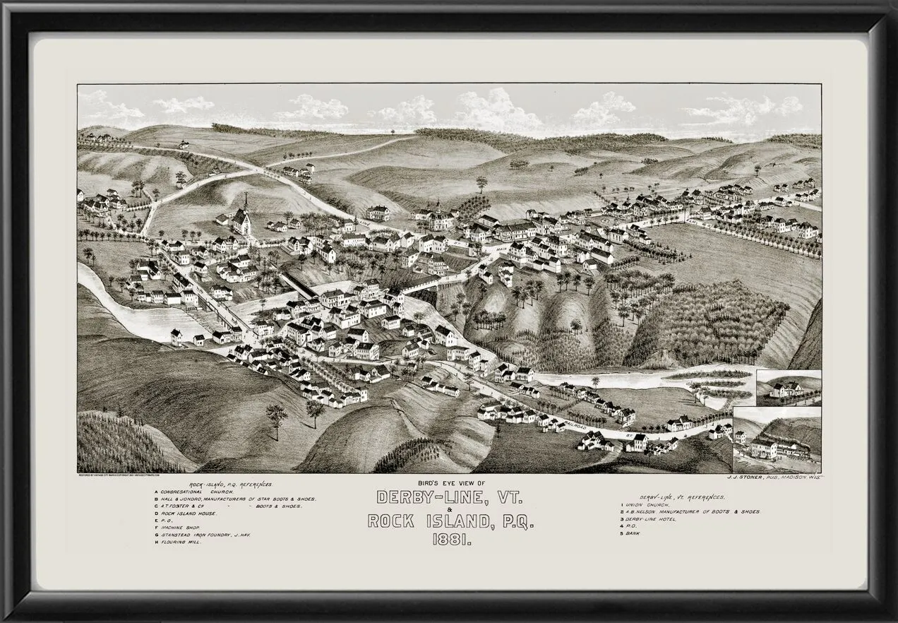 Derby-Line VT & Rock Island PQ Canada 1881 Henry Wellge TM Birds Eye View Map