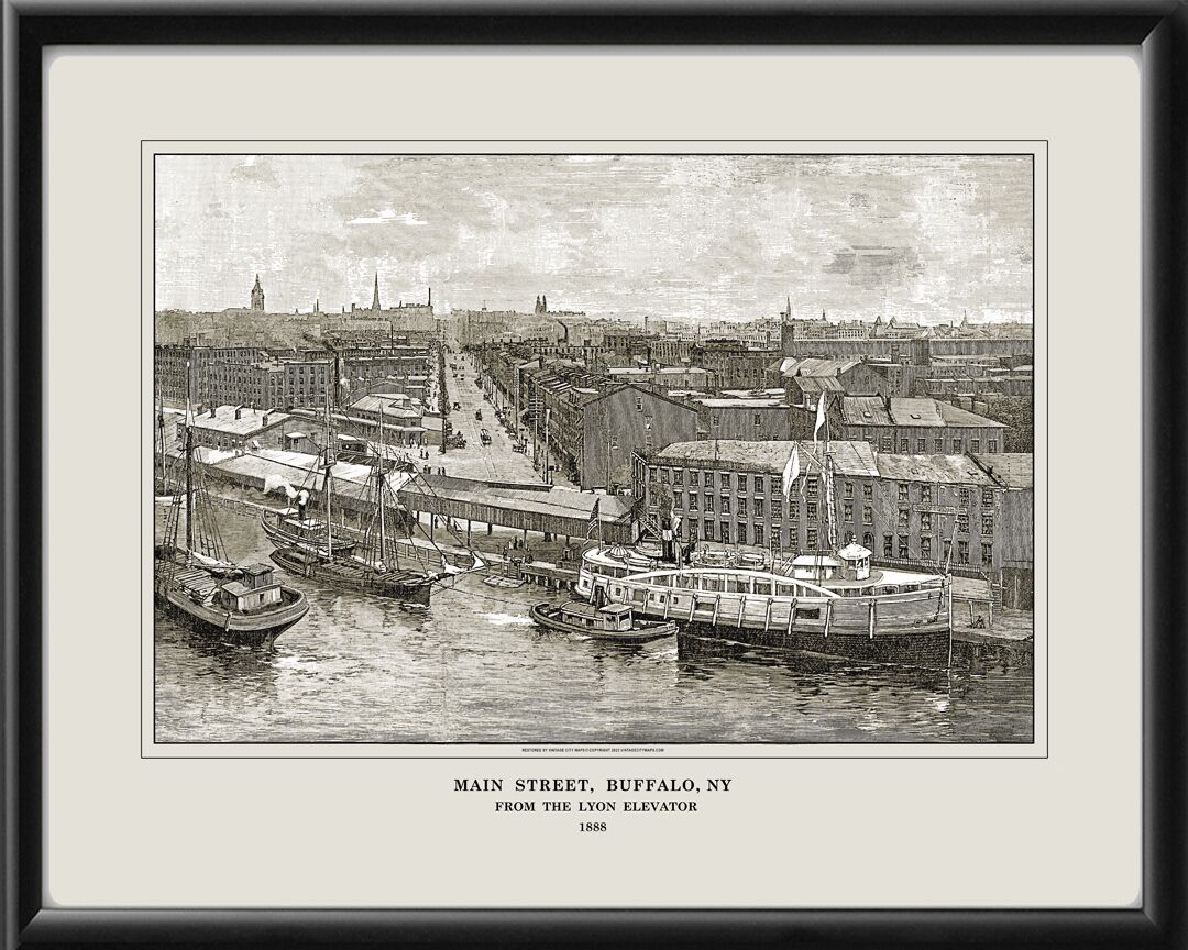 Buffalo NY 1888 Bird's Eye View Map of Main Street From the Lyon Elevator