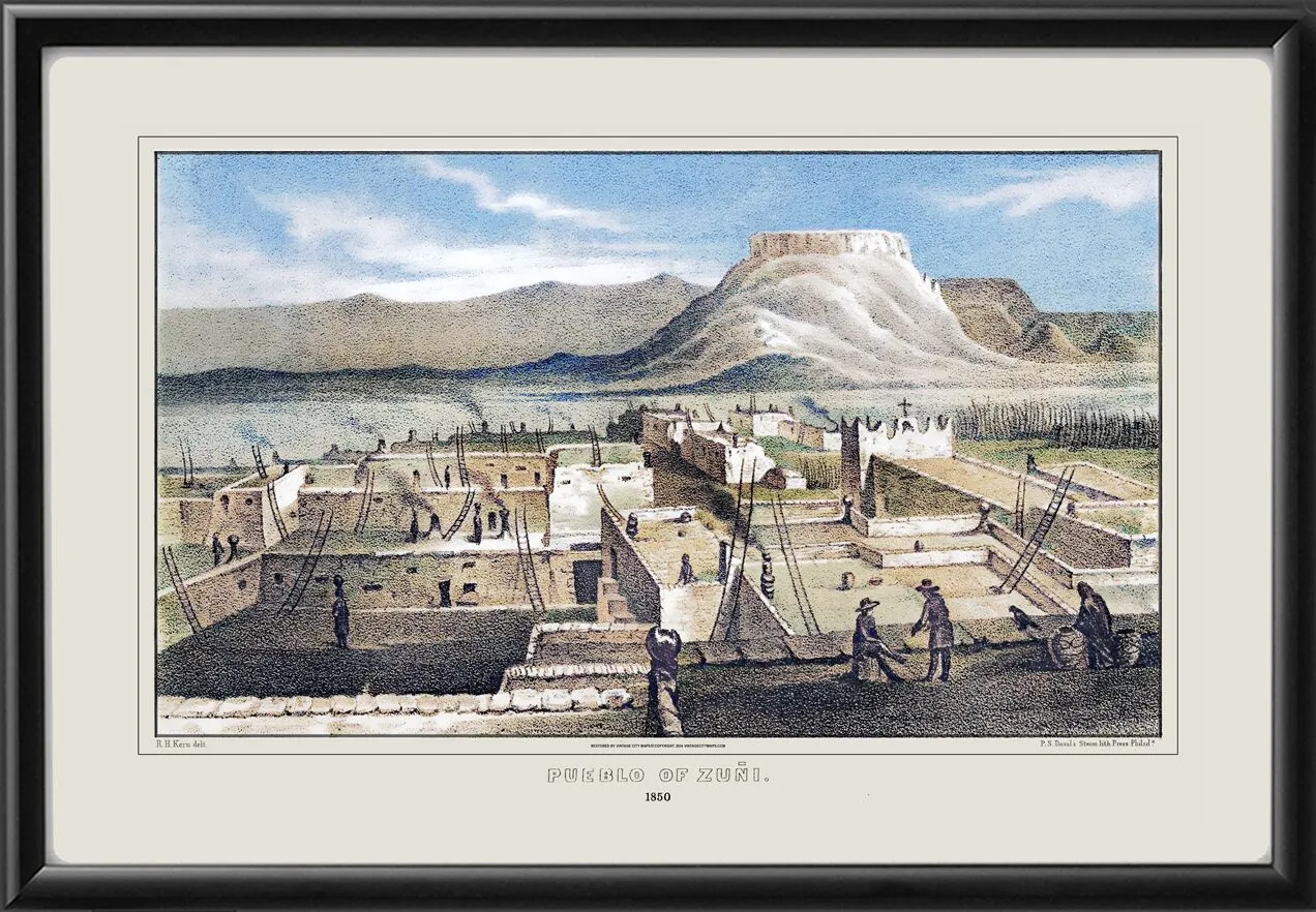 Zuni Pueblo 1850 Birds Eye View Map