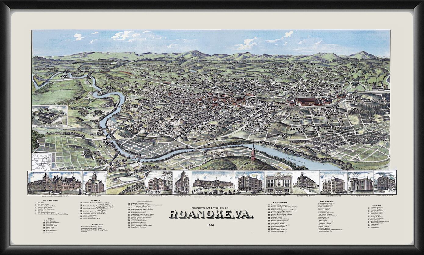 Roanoke Va 1891 Birds Eye View Map