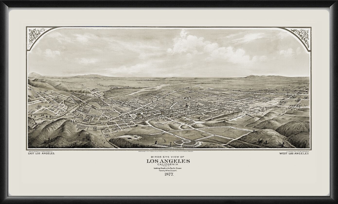 Los Angeles CA 1877 Panoramic View Birds Eye View Map