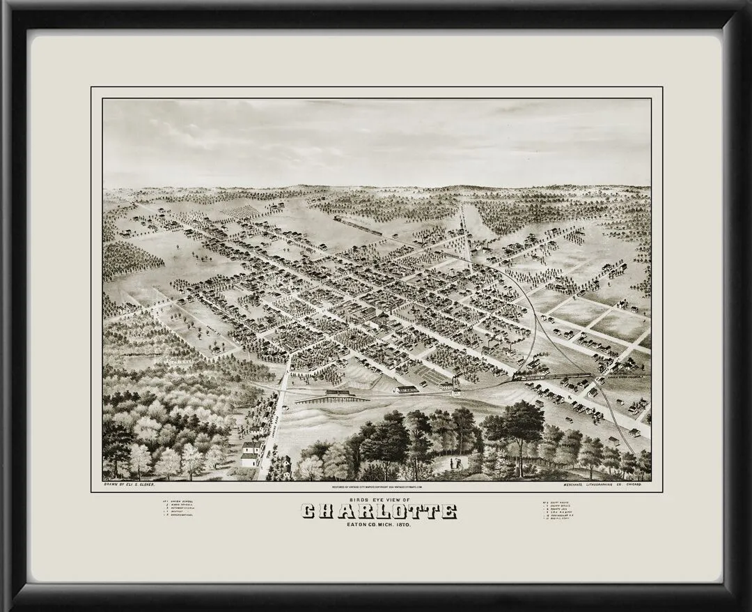 Charlotte MI 1870 Restored Birds Eye View Map