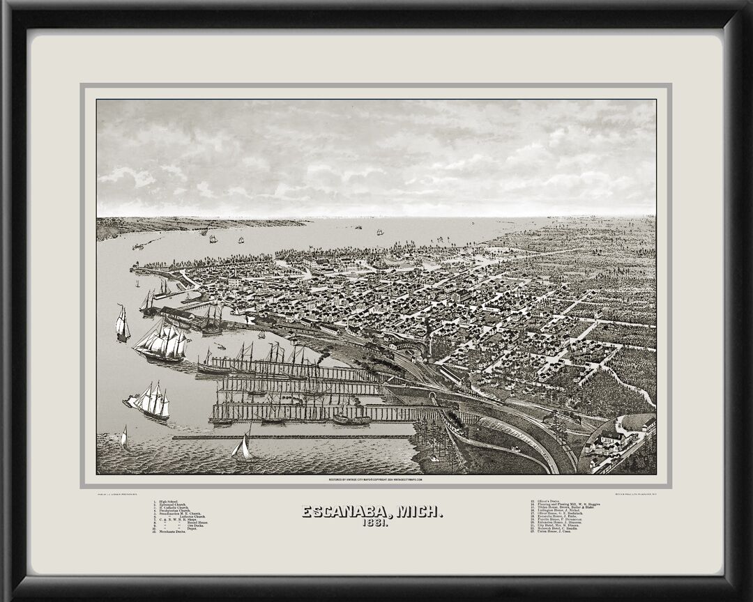 Escanaba Michigan 1881 Restored Birds Eye View Map