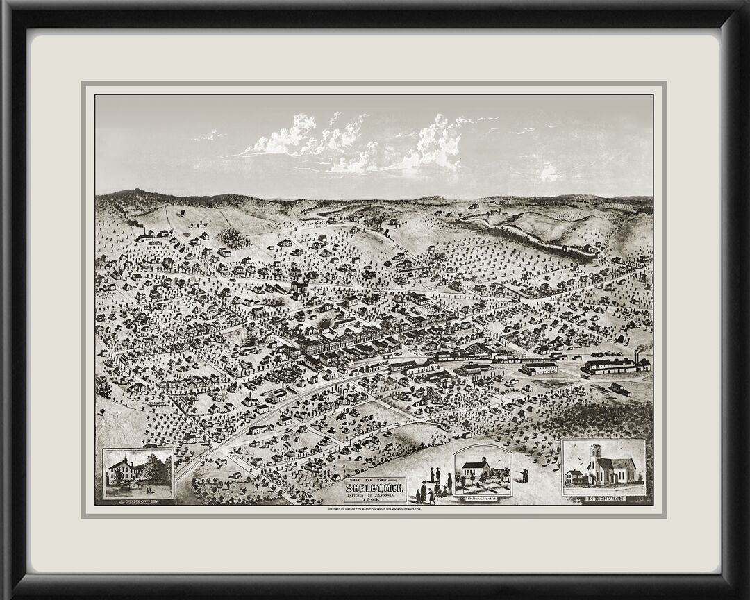 Shelby MI 1909 Joseph Warner Restored Birds Eye View Map