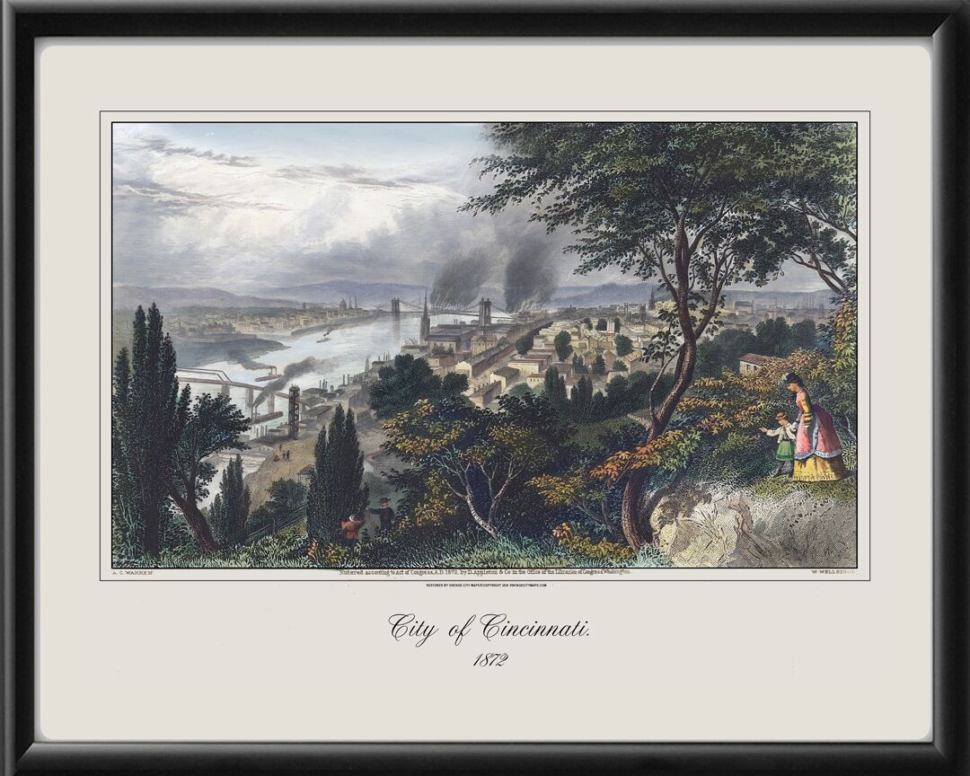 Cincinnati OH 1872 A.C. Warren Panoramic view of Cincinnati and Covington from Devou Park