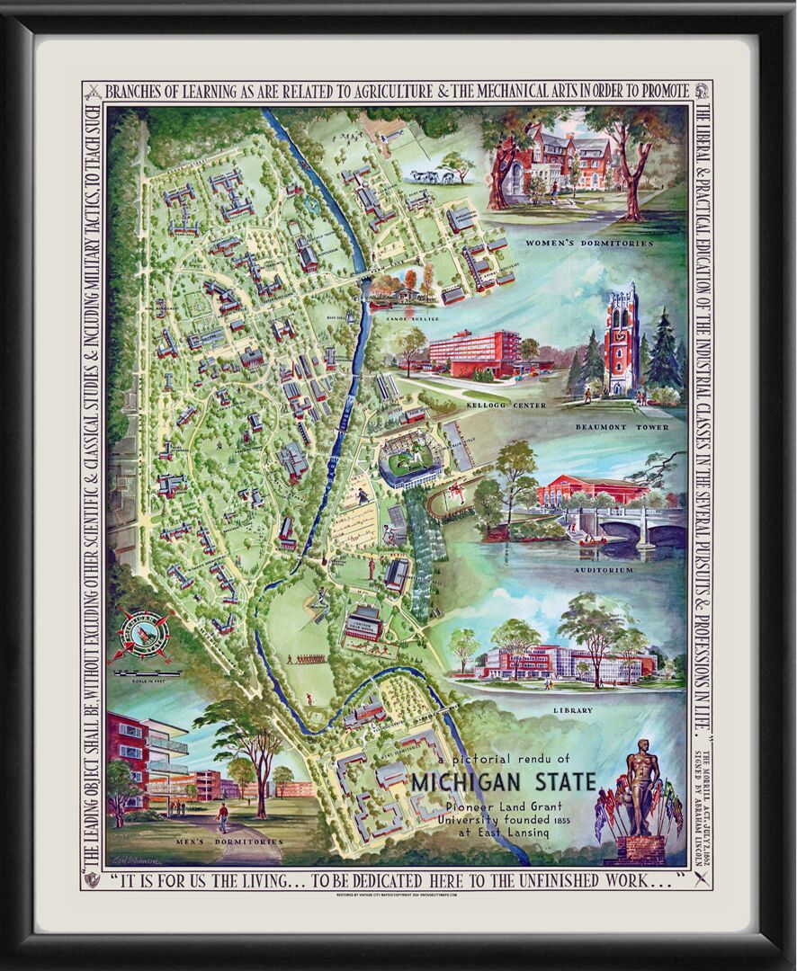 Michigan State University 1955 Birds Eye View Map