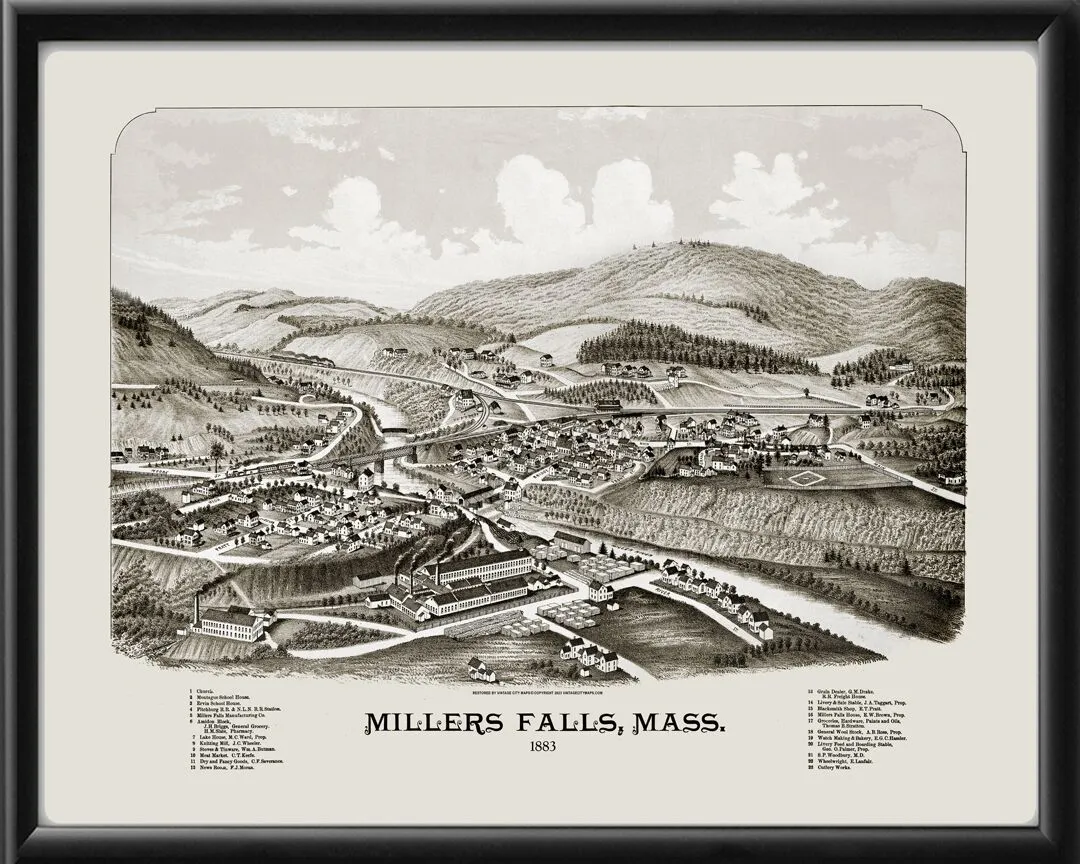 Millers Falls MA 1883 LR Burleigh TM Bird's Eye View Map