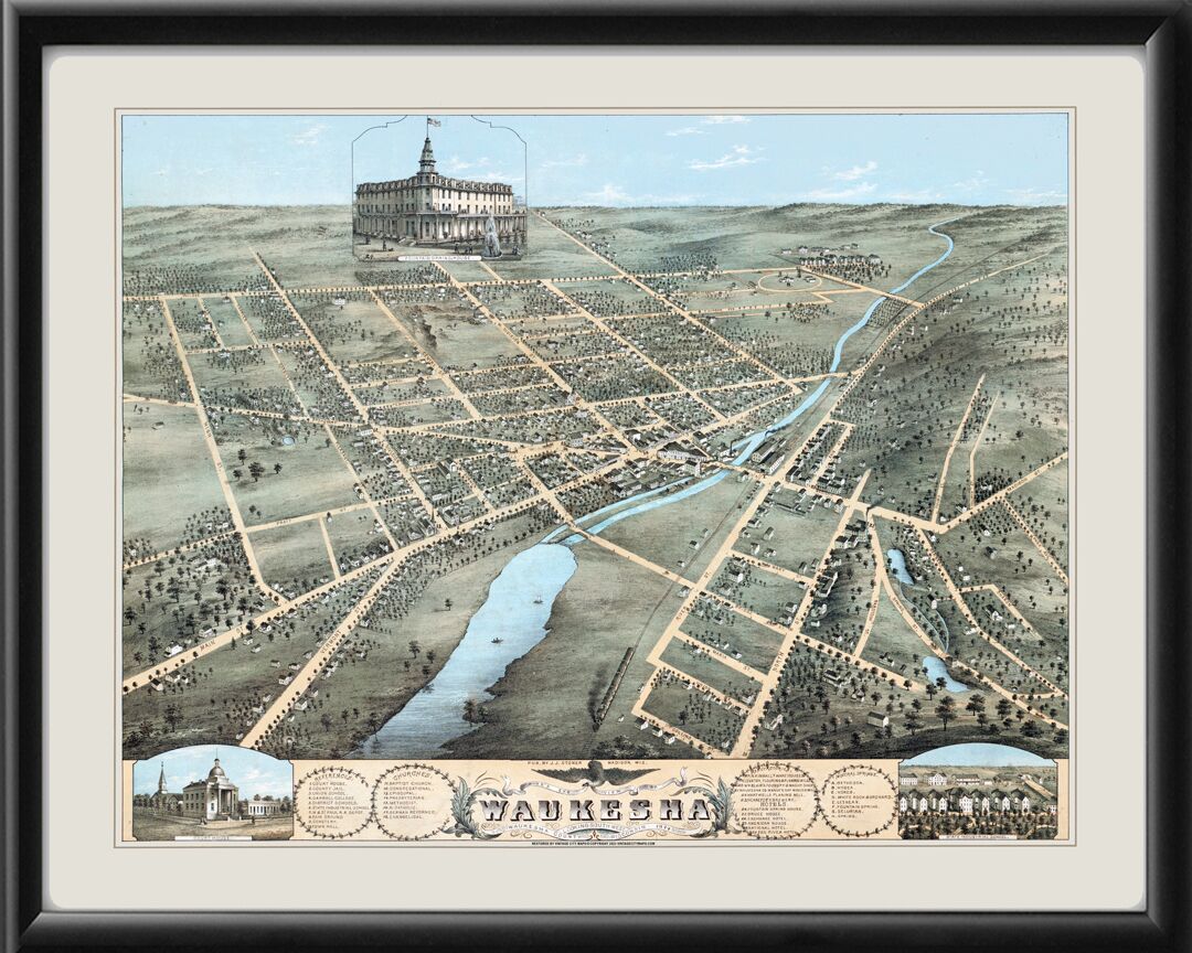 Waukesha WI 1874 JJ Stoner TM Bird's Eye View Map