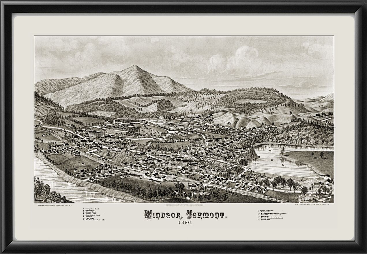 Windsor VT 1886 LR Burleigh Tm Birds Eye View Map