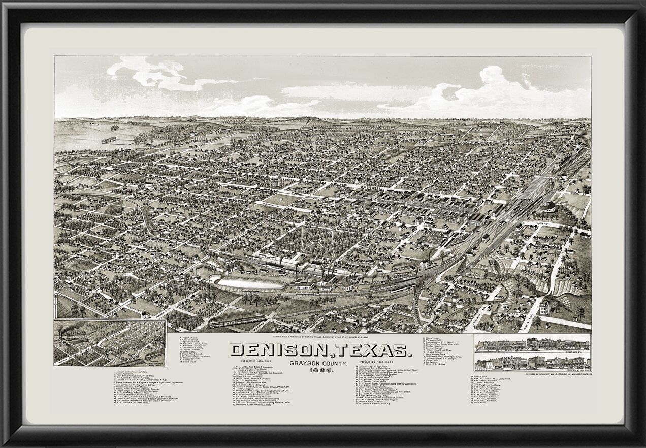 Denison TX 1886 Norris Wellge TM Birds Eye View Map