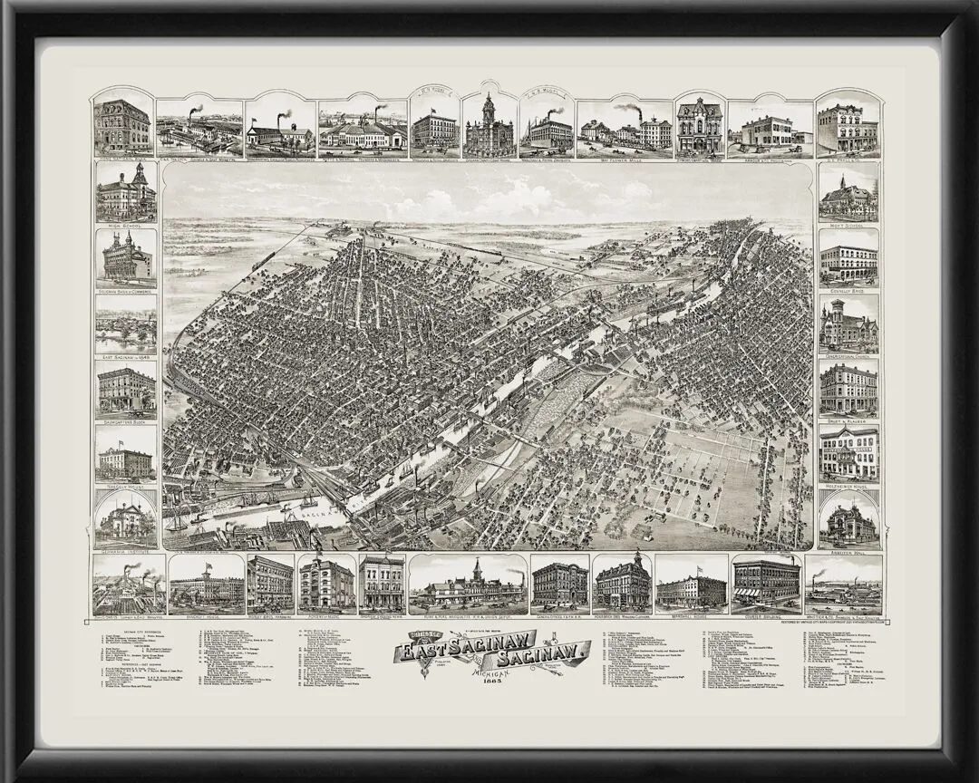 Saginaw & East Saginaw MI 1885 Bird's Eye View Map