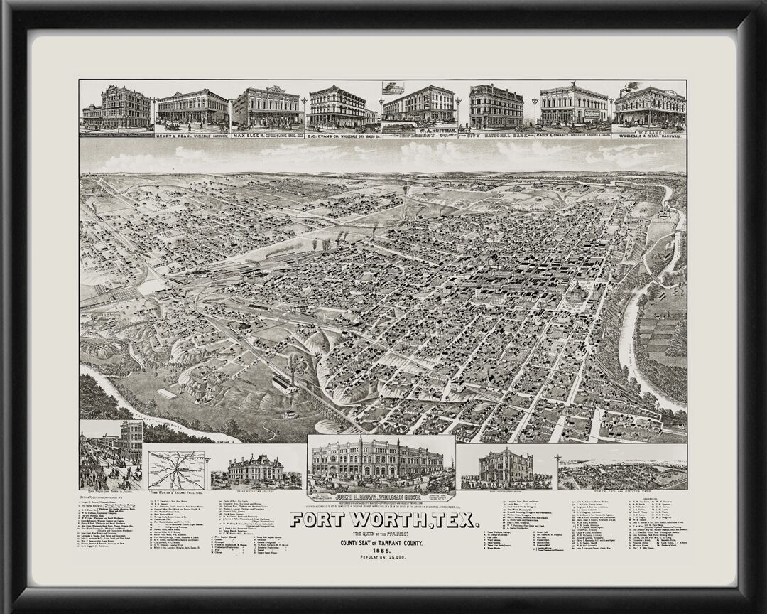Fort Worth TX 1886 Wellge TM Birds Eye View Map