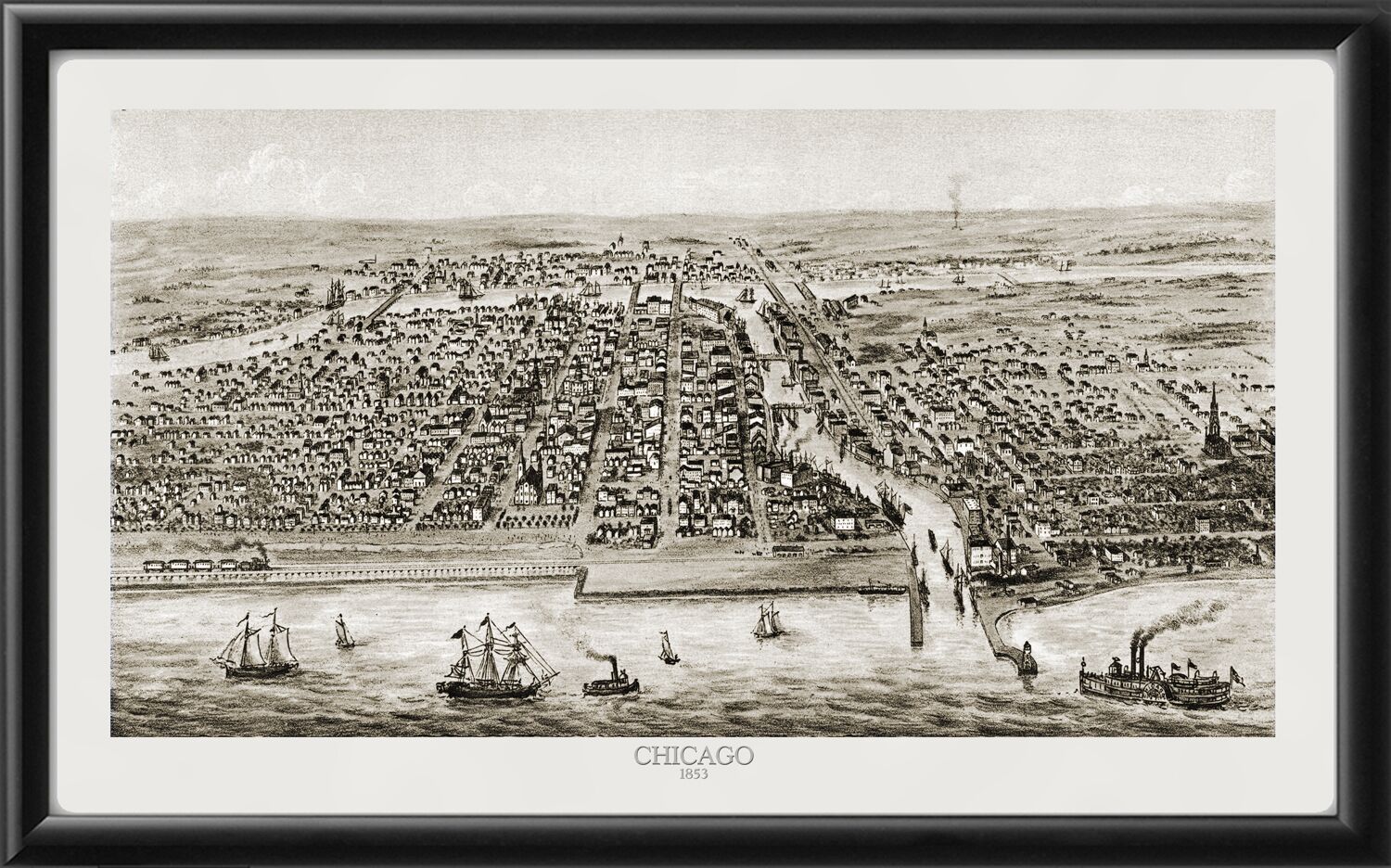 Chicago IL 1853 Birdseye View Map