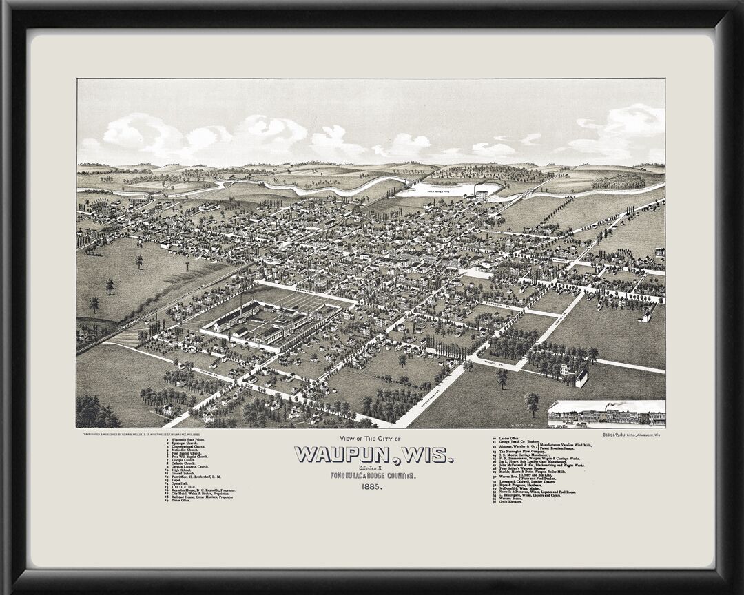 Waupun WI 1885 HWellge TM Bird's Eye View Map