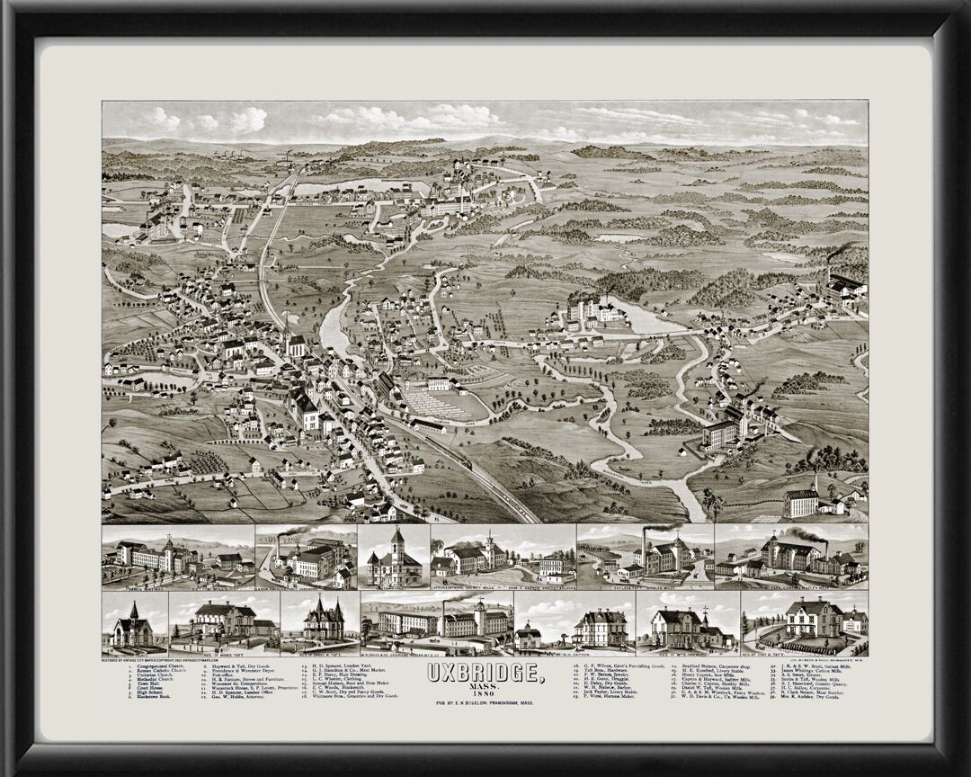 Uxbridge MA 1880 EHBigelow Beck&Pauli Tm Bird's Eye View Map